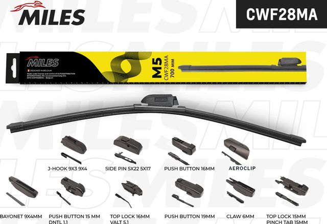 Щётка стеклоочистителя 700 мм (28) бескаркасная (10 адаптеров) (Miles). Артикул CWF28MA