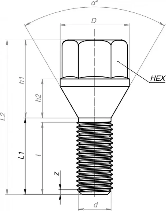 Болт колесный M12x1.25x28x57.4. конус. кл.19. дакромет для а/м Jeep/Dodge (Airline). Артикул ABLT032