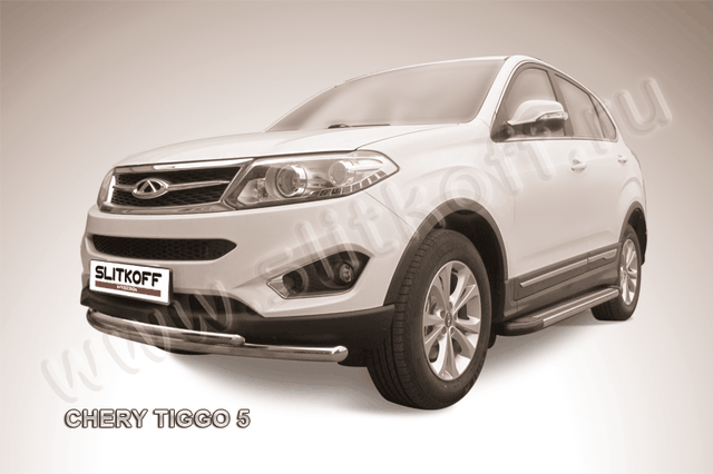 Защита Slitkoff переднего бампера d57/42 двойная радиусная для Chery Tiggo 5 2014-2020. Артикул CT5-002
