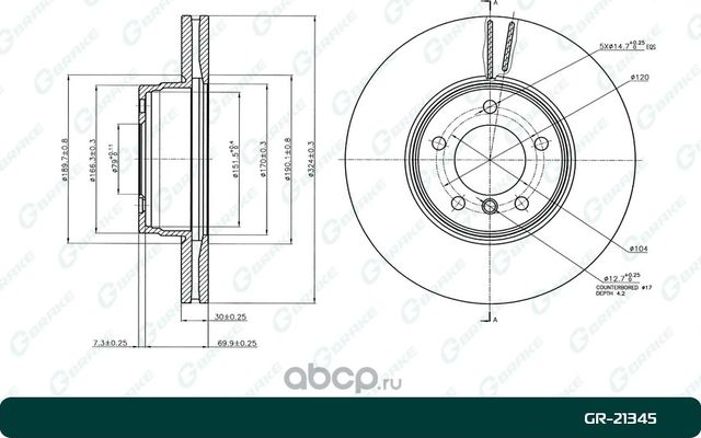 Диск тормозной вентилируемый (G-Brake). Артикул GR21345