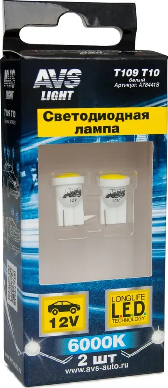 Светодиодная лампочка Т109 Т10/белый (2W.1*9.5D) COB 6 chip, блистер 2шт A78441S (AVS). Артикул A78441S
