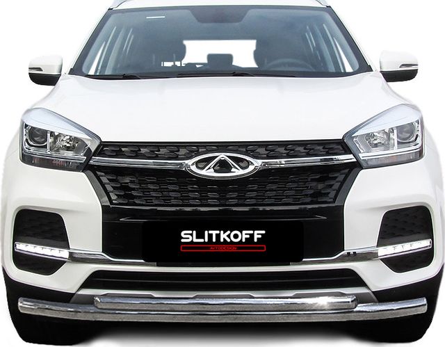 Защита Slitkoff переднего бампера d57/42 двойная для Chery Tiggo 4 2017-2026. Артикул CT4-001
