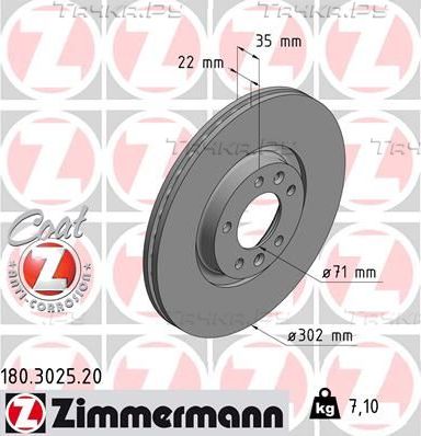 Тормозной диск Zimmermann Coat Z задний для Citroen C6 2005-2012. Артикул 180.3025.20