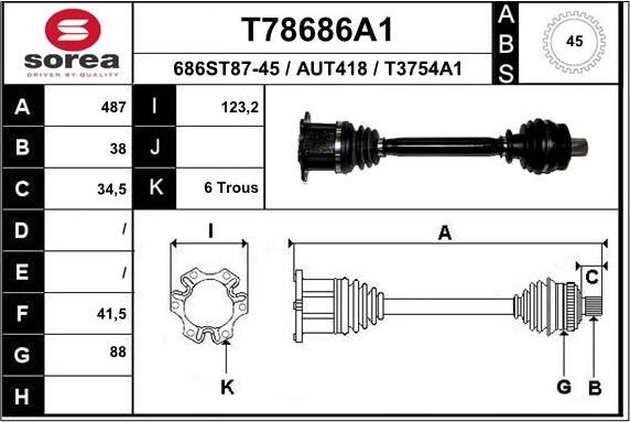 Полуось (привод в сборе, приводной вал) EAI передняя правая для Audi A4 III (B7) 2004-2008. Артикул T78686A1