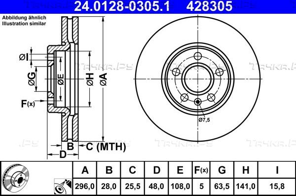 Тормозной диск ATE передний для Volvo S60 III 2019-2026. Артикул 24.0128-0305.1
