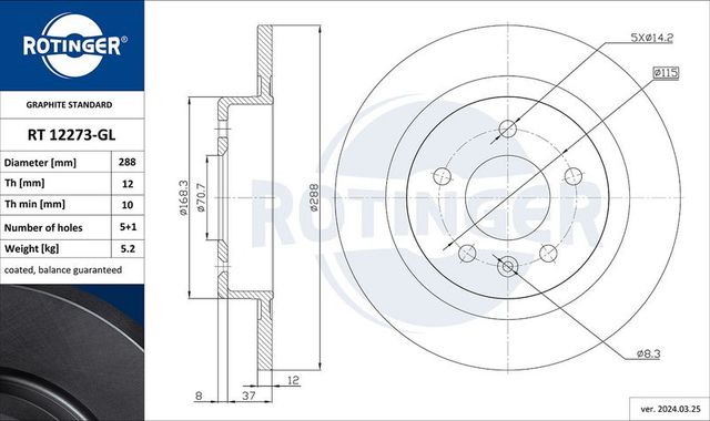 Тормозной диск Rotinger GRAPHITE LINE задний для Opel Insignia II 2017-2026. Артикул RT 12273-GL
