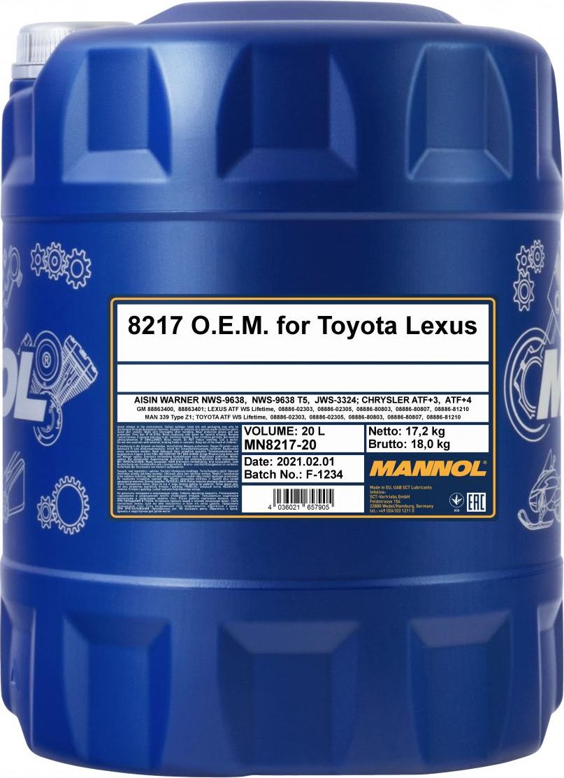 8217 Трансм. масло O.E.M. for Toyota Lexus ATF WS (20л.) (Mannol). Артикул 8217
