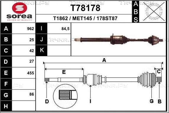 Полуось (привод в сборе, приводной вал) EAI. Артикул T78178