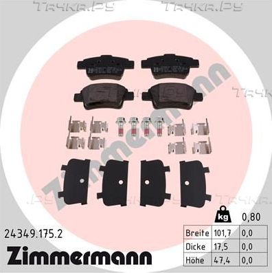 Тормозные колодки Zimmermann задние для Opel Corsa D 2006-2014. Артикул 24349.175.2