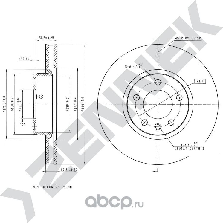 Диск тормозной передний OPEL OMEGA A 86-94 OMEGA B 94-05 (Zennek). Артикул DBD0090