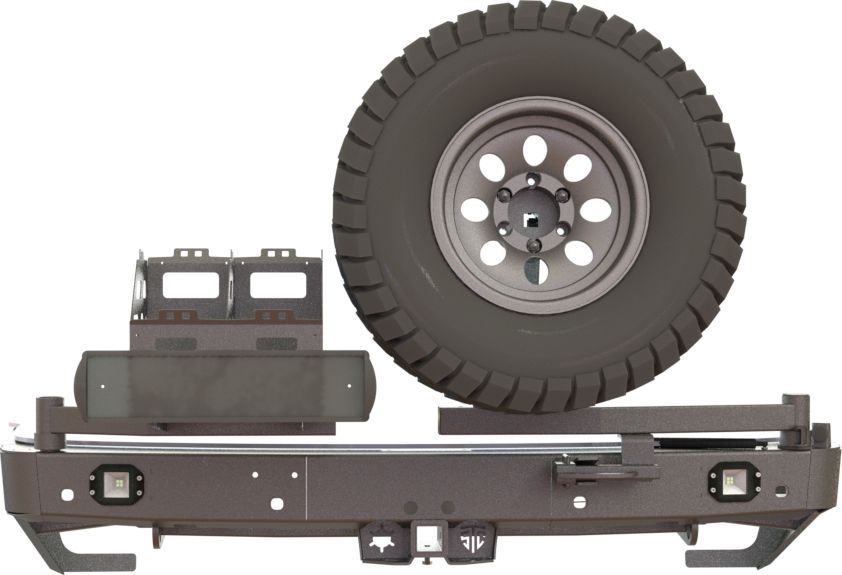 Бампер силовой STC задний для Nissan Patrol Y62 2010-2026 с квадратом под фаркоп, кронштейном крепления запасного колеса по центру, кронштейном крепления гос номера и фарами заднего хода/ ПТФ. Артикул STC-NPY62-BR-C2C4-L2