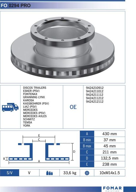 Тормозной диск Fomar передний/задний для Mercedes-Benz Intouro 2005-2026. Артикул FO 0294 PRO