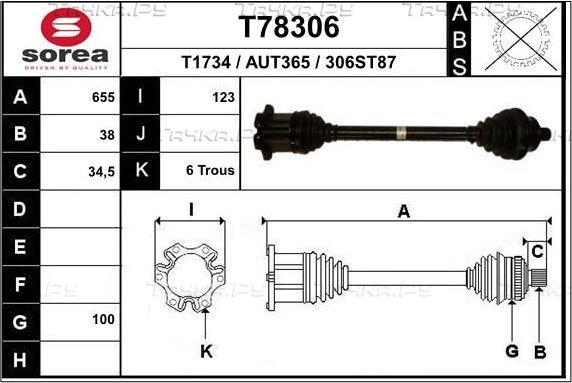 Полуось (привод в сборе, приводной вал) EAI. Артикул T78306