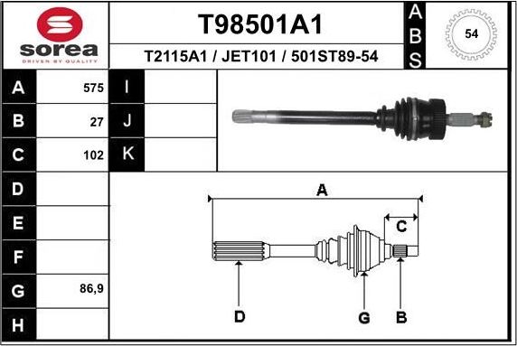 Полуось (привод в сборе, приводной вал) EAI. Артикул T98501A1