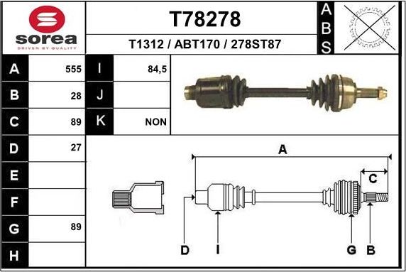 Полуось (привод в сборе, приводной вал) EAI. Артикул T78278