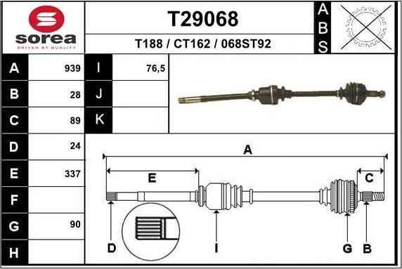 Полуось (привод в сборе, приводной вал) EAI. Артикул T29068