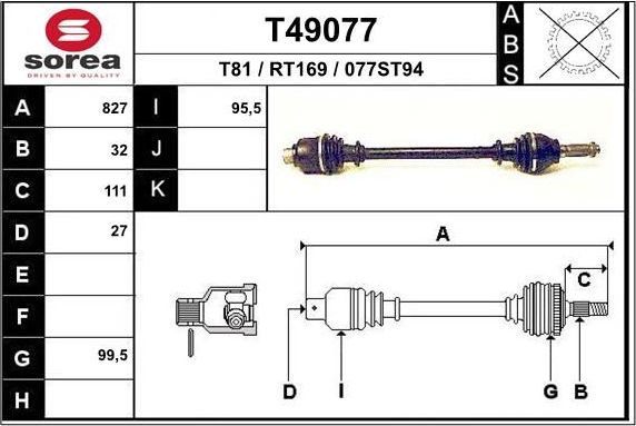 Полуось (привод в сборе, приводной вал) EAI. Артикул T49077