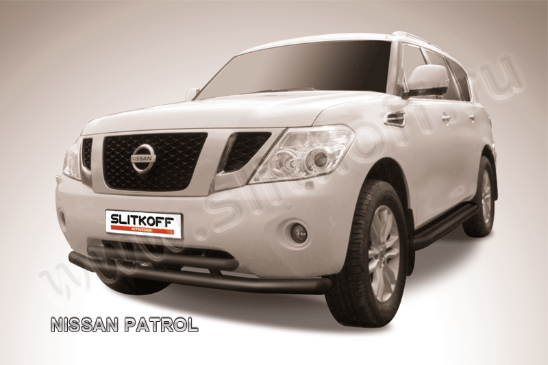 Защита Slitkoff переднего бампера d76/57 двойная ЧЕРНАЯ матовая для Nissan Patrol Y62 2012-2014. Артикул NIPAT004B