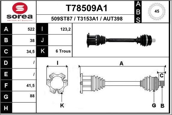 Полуось (привод в сборе, приводной вал) EAI. Артикул T78509A1
