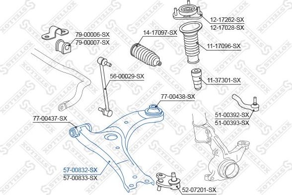 Поперечный рычаг передней подвески Stellox левый для Toyota Auris I 2007-2012. Артикул 57-00832-SX