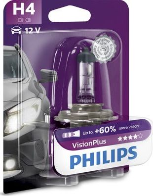 H4 12V- 60/55W (P43t) ( +60% света) Vision Plus блистер (1шт.) Philips VisionPlus. Артикул 12342VPB1