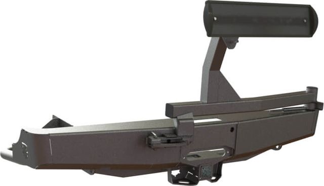 Бампер силовой STC задний для Mitsubishi L200 IV 2006-2015 с квадратом под фаркоп, площадкой под лебедку, кронштейном крепления запасного колеса по центру и кронштейном крепления гос номера. Артикул STC-ML200/06-BR-W-C1