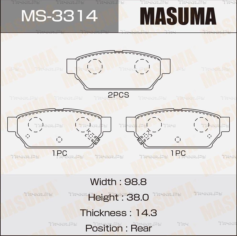 Тормозные колодки Masuma задние для Mitsubishi Colt IV (CA0) 1992-1996. Артикул MS-3314