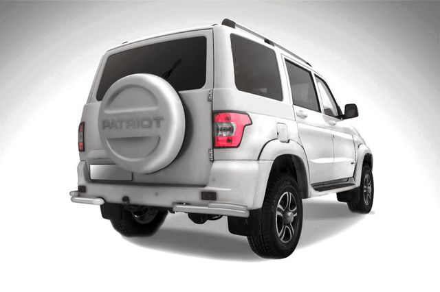 Защита Slitkoff заднего бампера уголки d57+d42 двойные для УАЗ Patriot I рестайлинг 2014-2026 Серебристая. Артикул UP14-008S