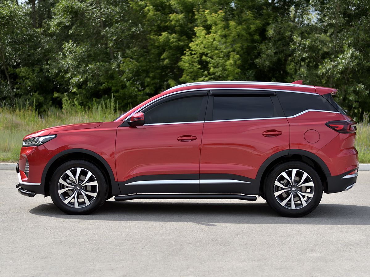 Защита порогов RusStal труба d63 секции (вариант 3) для Chery Tiggo 7 Pro 2020-2026 Черные. Артикул CHT7T-003876CH