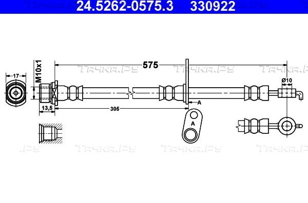 Тормозной шланг ATE передний правый для Toyota Corolla E120, E130 2001-2007. Артикул 24.5262-0575.3
