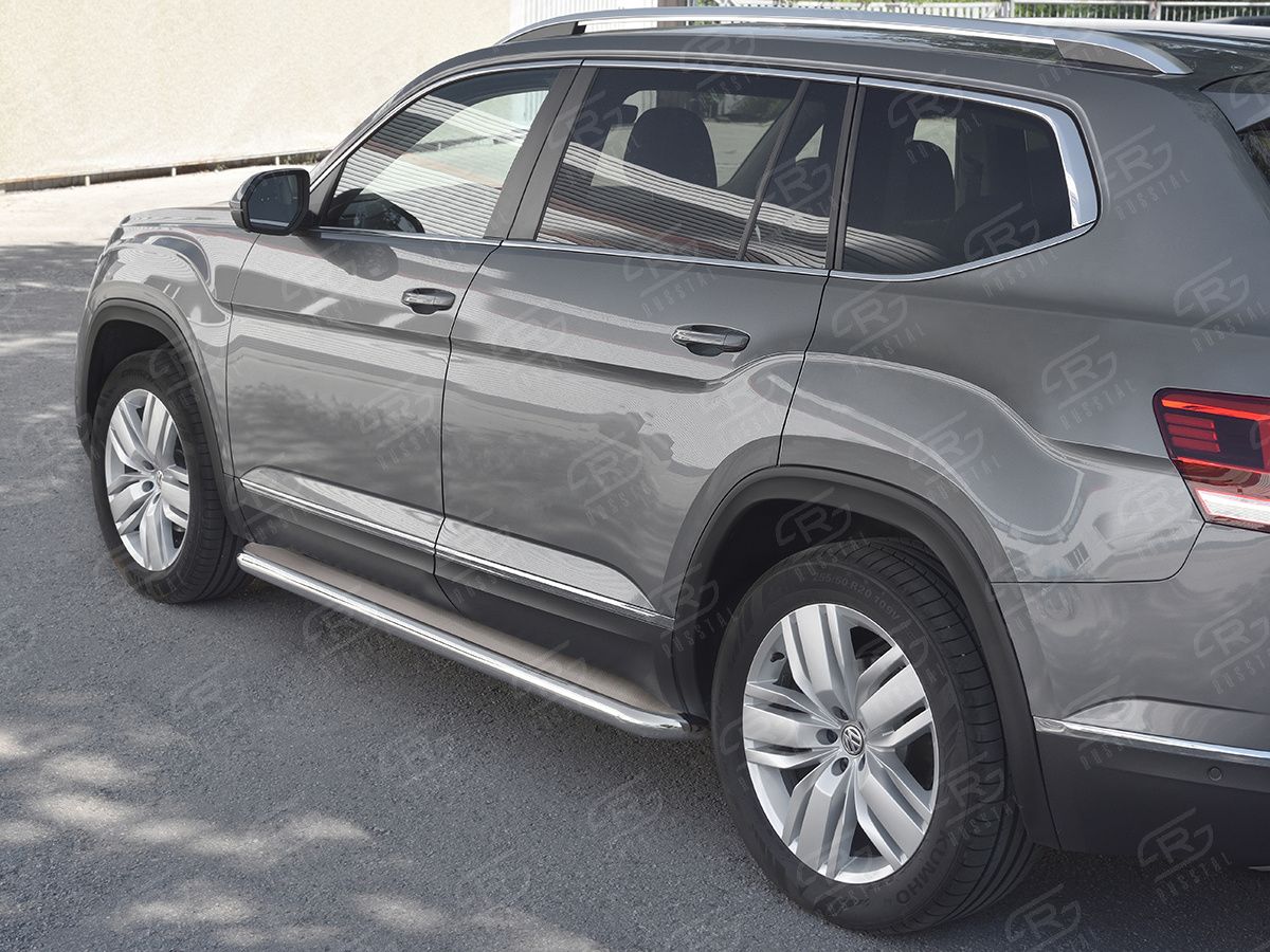 Защита порогов RusStal труба d63 с листом (Лист нерж, проф. нерж) (Вариант 3) для Volkswagen Teramont 2017-2026. Артикул VTML-0029943