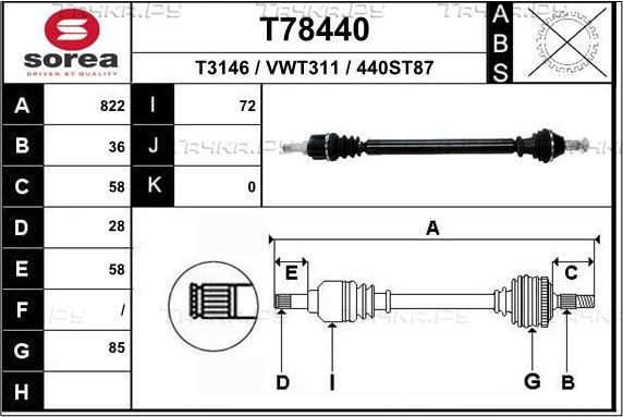 Полуось (привод в сборе, приводной вал) EAI. Артикул T78440