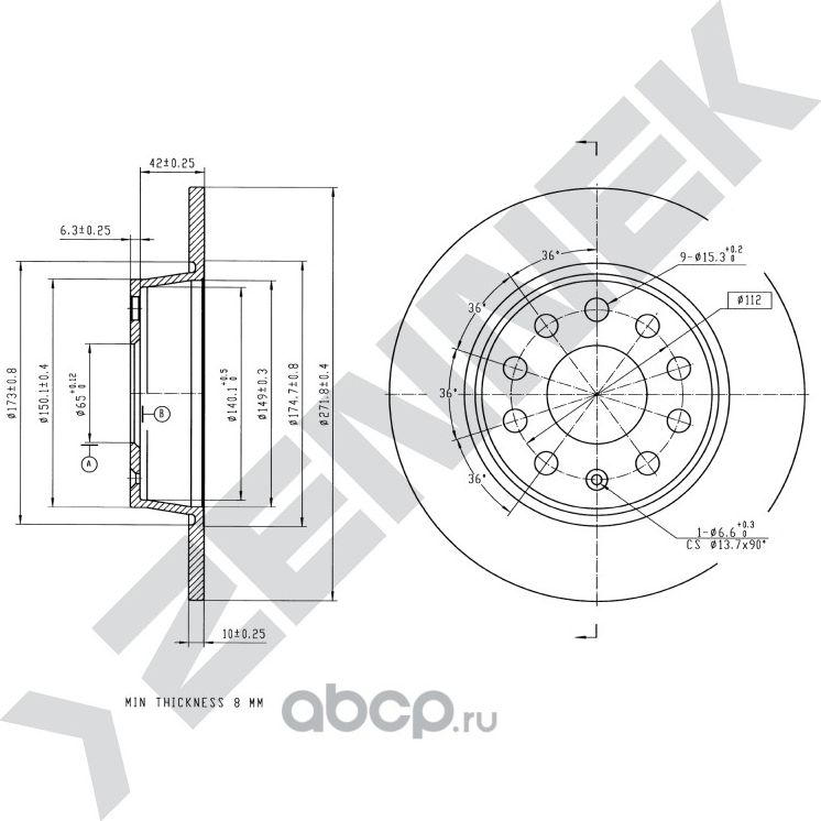 Диск тормозной задний AUDI A1 10-> A3 12 (Zennek). Артикул DBD0068