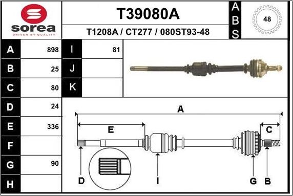 Полуось (привод в сборе, приводной вал) EAI. Артикул T39080A