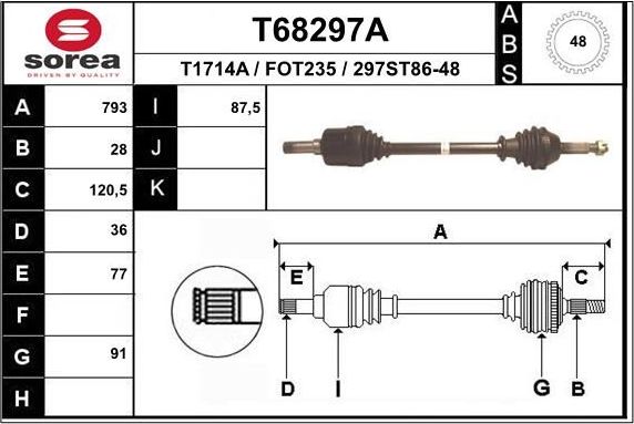 Полуось (привод в сборе, приводной вал) EAI. Артикул T68297A