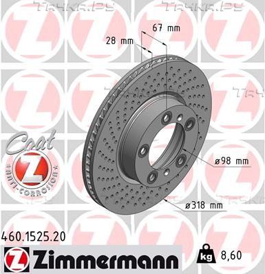 Тормозной диск Zimmermann Coat Z для Porsche 911 V (996) 1997-2005. Артикул 460.1525.20