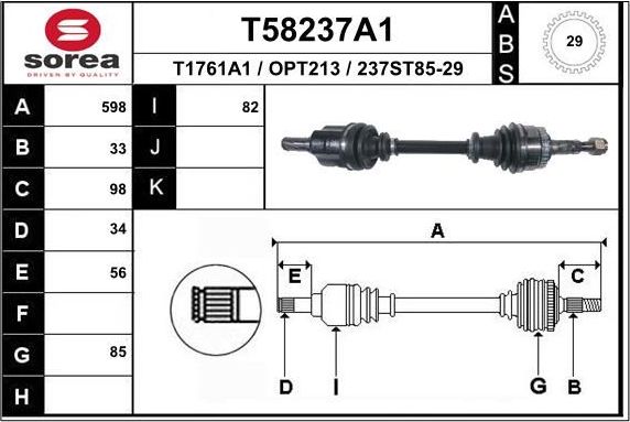 Полуось (привод в сборе, приводной вал) EAI. Артикул T58237A1