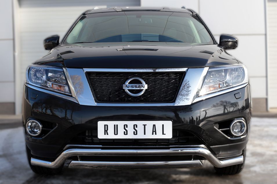 Защита RusStal переднего бампера d63 (волна) d75х42 (дуга) для Nissan Pathfinder R52 2014-2026. Артикул NPZ-002017