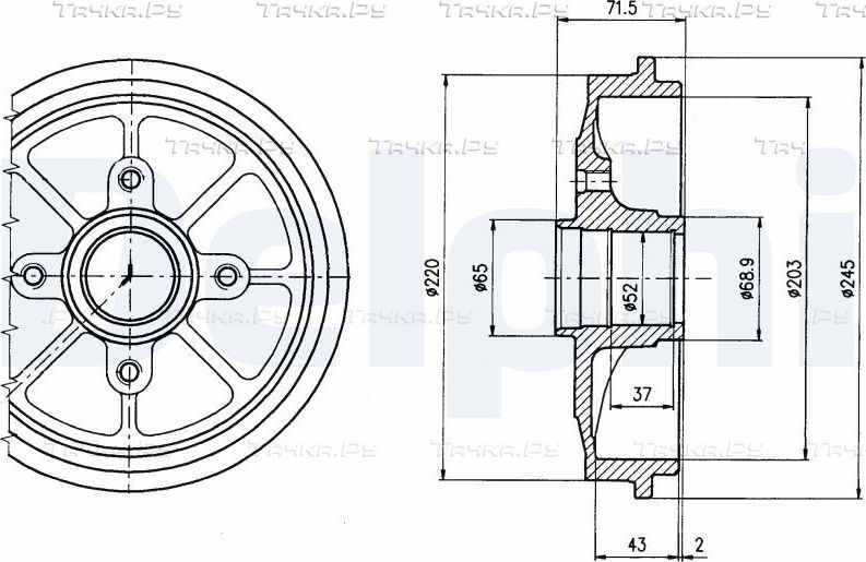 Тормозной барабан Delphi задний для Peugeot 206 1998-2013. Артикул BF484