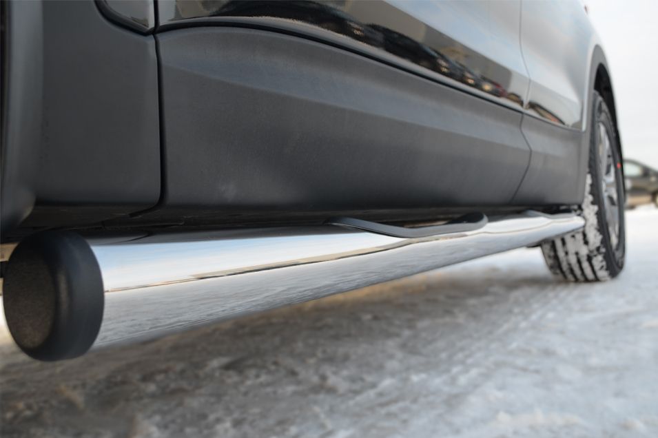 Защита порогов RusStal труба d76 с накладками (вариант 2) для Hyundai Santa Fe II 2010-2012. Артикул HST-0007652