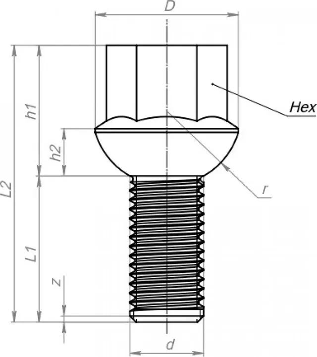 Болт колесный M14x1.5x27x53. сфера R13. кл.17. дакромет для а/м VW/Skoda/Audi (Airline). Артикул ABLT001