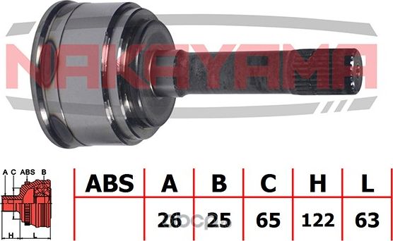 ШРУС внешн. к-кт KIA SPORTAGE (K00) 2.0 i 16V (94 kW) 99- (26x25x185x65) (Nakayama). Артикул NJ710NY