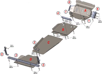 Защита алюминиевая Alfeco (4мм) для радиатора, редуктора переднего моста, КПП, РК (4 части) Jac T8 Pro 2020-2026. Артикул ALF.56.24 AL4