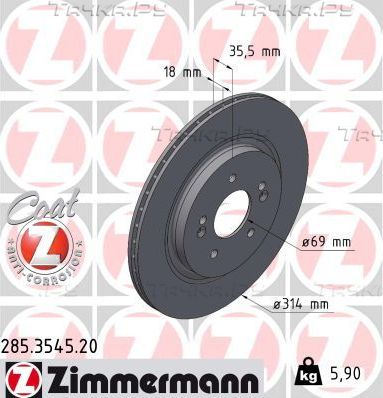 Тормозной диск Zimmermann Coat Z задний для Hyundai Santa Fe IV 2018-2026. Артикул 285.3545.20