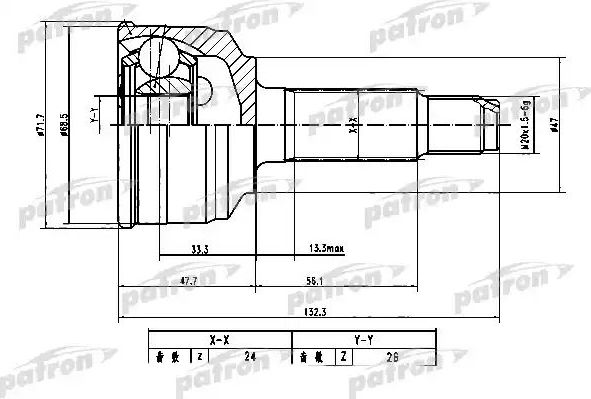 Шрус наружный (граната) Patron передний для Daihatsu Atrai IV 2000-2011. Артикул PCV1782