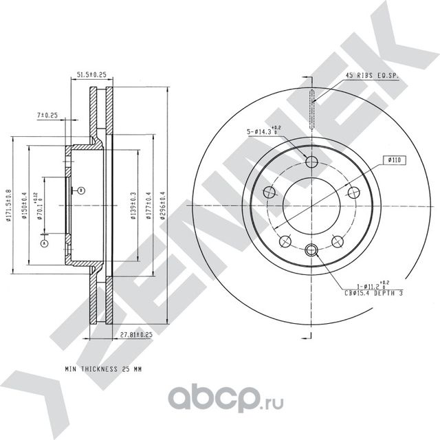 Диск тормозной передний OPEL OMEGA A 86-94 OMEGA B 94-05 (Zennek). Артикул DBD0090