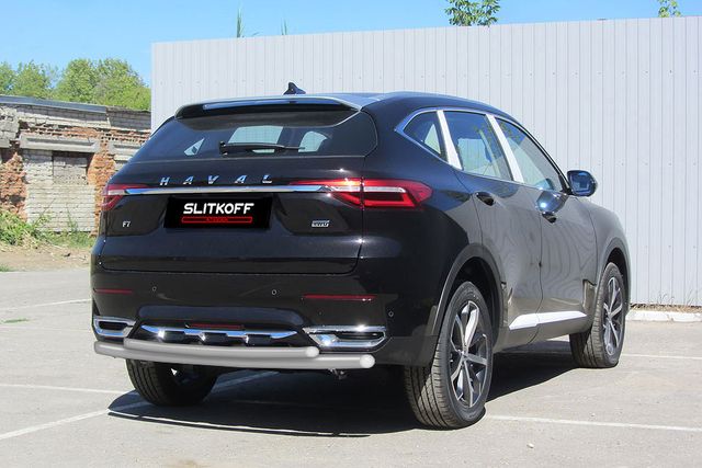 Защита Slitkoff заднего бампера d57+d42 для Haval F7 2019-2026 Серебристая. Артикул HavF7008S