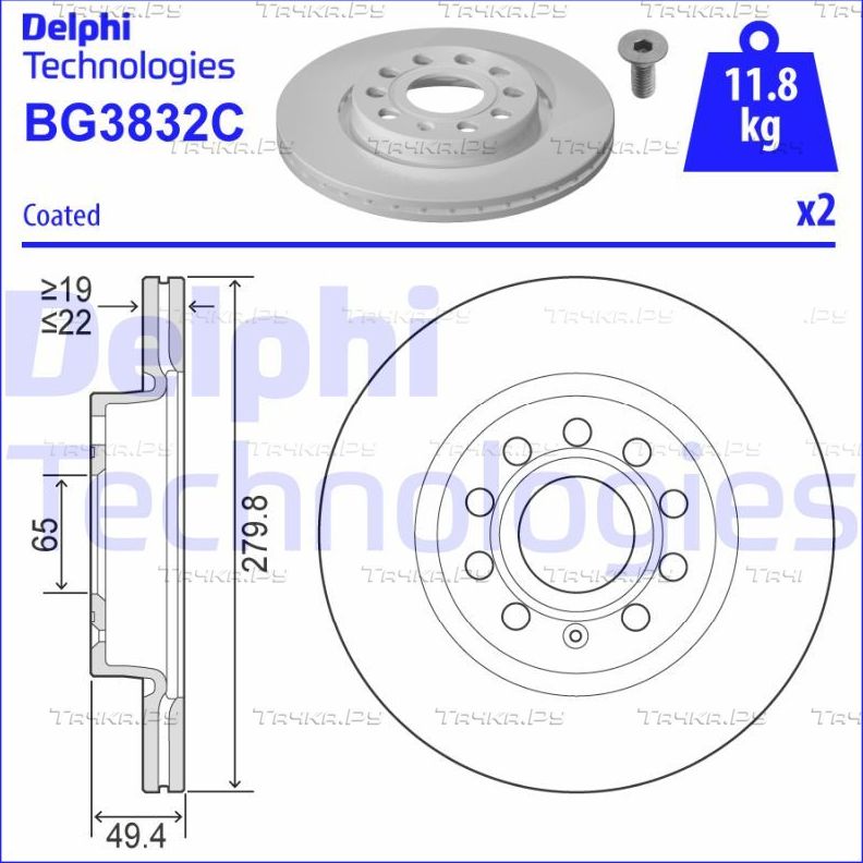 Тормозной диск Delphi передний для Skoda Octavia Tour 2004-2010. Артикул BG3832C