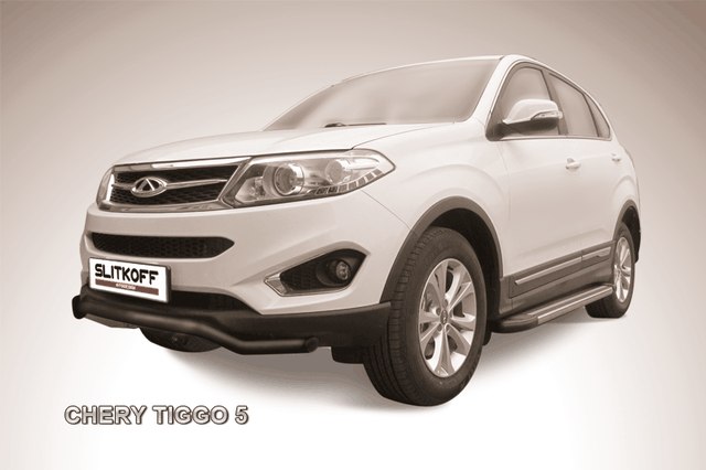 Защита Slitkoff переднего бампера d57 Волна ЧЕРНАЯ матовая для Chery Tiggo 5 2014-2020. Артикул CT5-001B