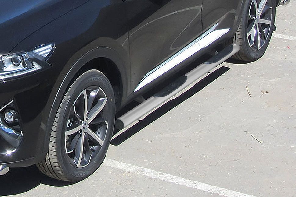 Защита порогов Slitkoff d76 с проступями для Haval F7 2019-2026 Серебристая. Артикул HavF7005S